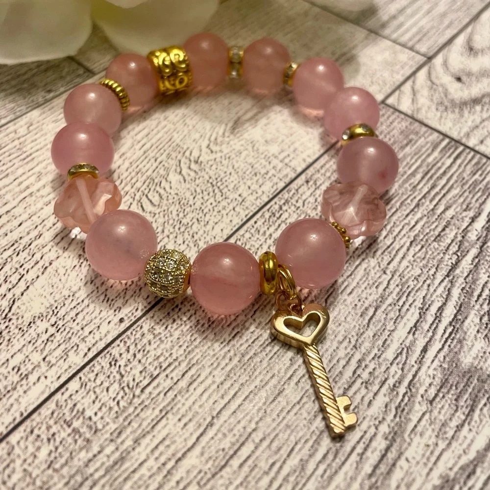 Creamy Pink 12mm Quartz Bracelet with Heart Key charm gold accents
